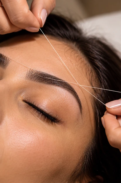 Professional eyebrow threading treatment close-up