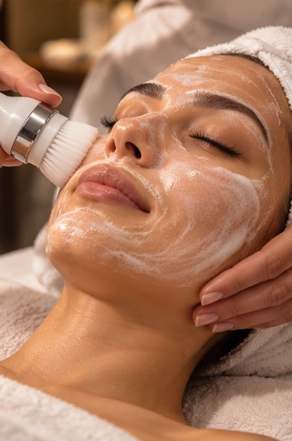Gentle facial cleansing treatment in a warm spa setting