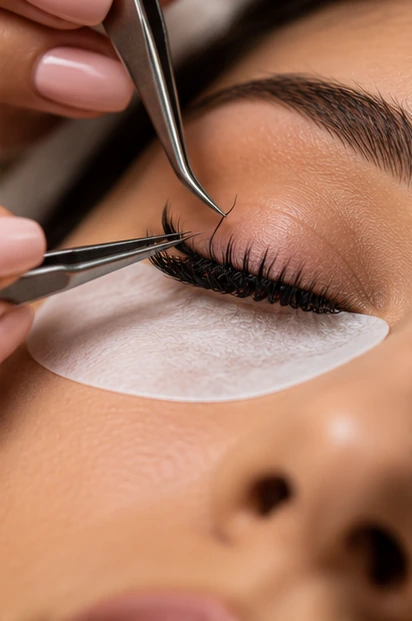 Close-up of lash extensions being applied