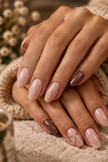 Elegant neutral gel manicure with rose and taupe nails